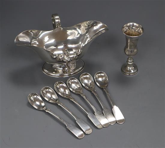 A George V silver double lipped sauceboat, a set of six Scottish silver fiddle pattern mustard spoons and cup